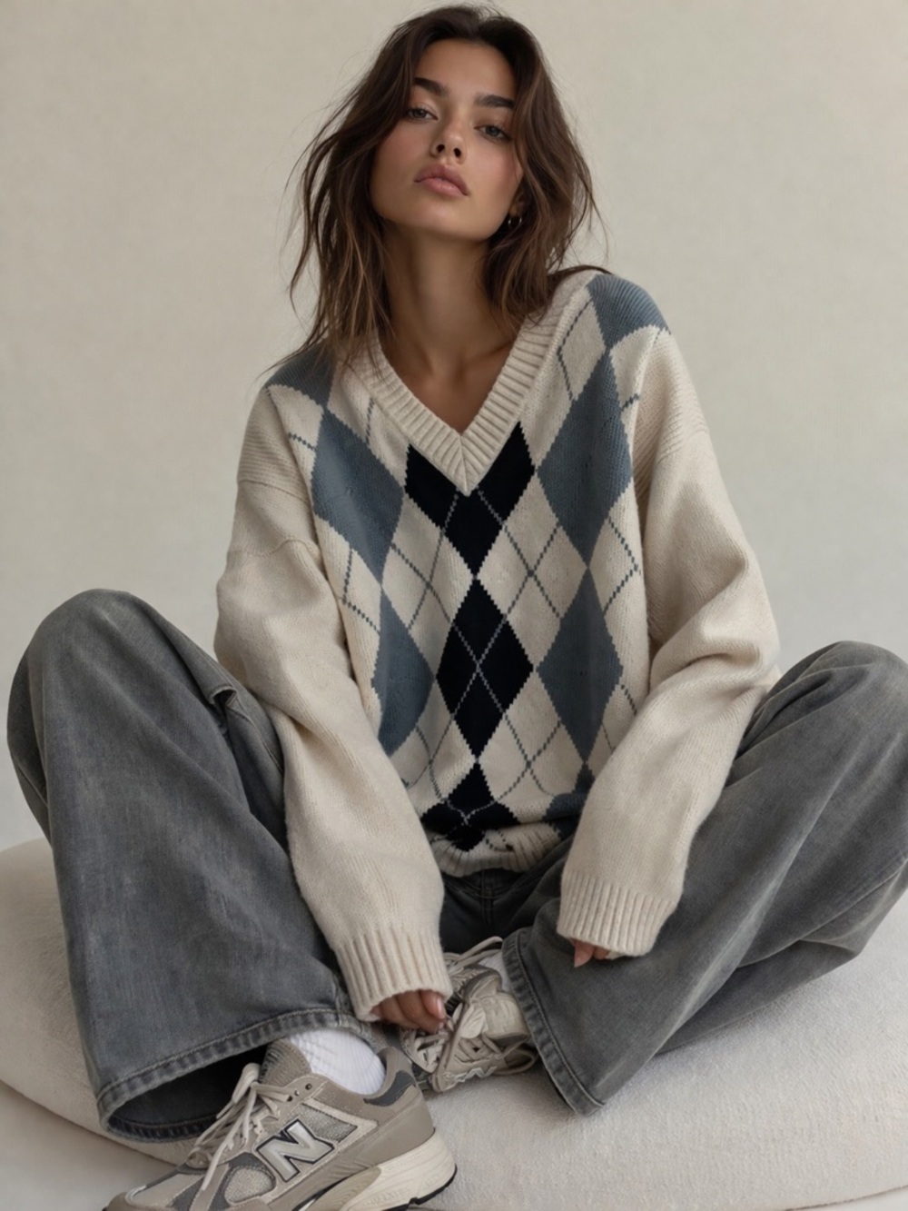 Structure Oversized Argyle Boyfriend Sweater Cream Gray Cotton Ramie M
